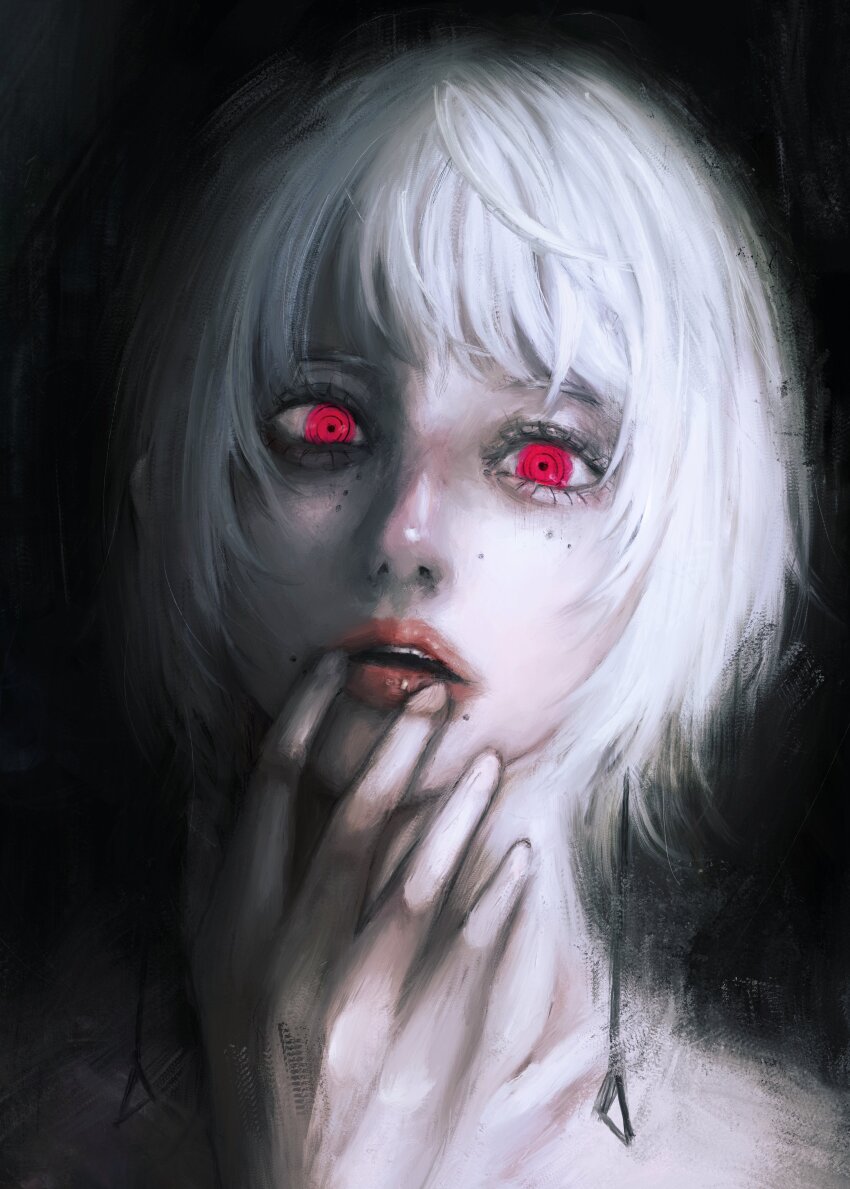 1girl absurdres black_background chainsaw_man earrings fami_(chainsaw_man) hand_up highres jewelry looking_at_viewer mole mole_under_eye mole_under_mouth multiple_moles open_mouth pink_eyes ringed_eyes solo teeth upper_teeth_only white_hair xa8uofivf2mcart