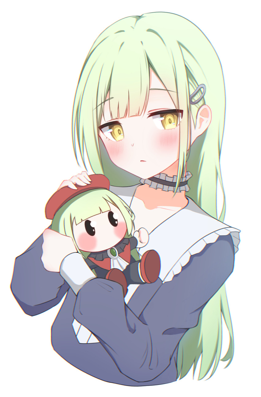 1girl absurdres asagizu bang_dream! bang_dream!_it&#039;s_mygo!!!!! blue_dress blush choker collar commentary doll dress english_commentary frilled_choker frilled_collar frills green_hair hair_ornament highres holding holding_doll long_hair looking_at_viewer simple_background solo wakaba_mutsumi white_background white_collar yellow_eyes