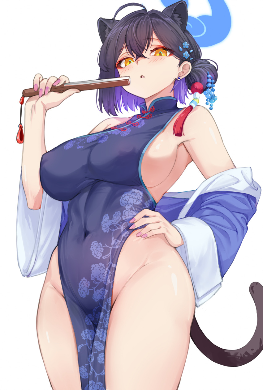 1girl absurdres ahoge animal_ears ankomochi142 black_hair blue_archive blue_dress blue_halo breasts china_dress chinese_clothes colored_inner_hair commentary_request covered_erect_nipples covered_navel cowboy_shot crossed_bangs dress extra_ears eyeliner groin hair_between_eyes hair_bun hair_ornament halo hand_fan hand_on_own_hip highres holding holding_fan impossible_clothes impossible_dress kaguya_(blue_archive) large_breasts looking_at_viewer makeup multicolored_hair nail_polish no_panties panther_ears panther_girl panther_tail parted_lips pelvic_curtain pink_nails purple_hair red_eyeliner sideboob simple_background single_hair_bun solo standing tail tassel tassel_hair_ornament turtleneck turtleneck_dress white_background yellow_eyes