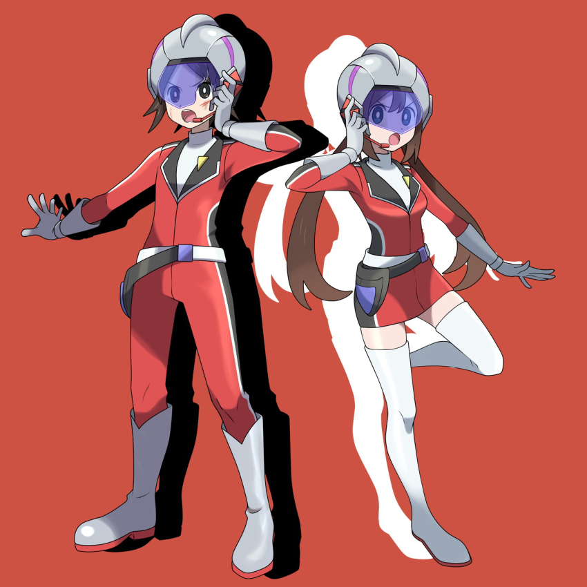 1boy 1girl :o alternate_costume asatsuki_(fgfff) belt boots bright_pupils brown_eyes brown_hair coat commentary_request drop_shadow gloves grey_boots grey_helmet hand_up helmet highres jumpsuit knees leg_up long_hair nate_(pokemon) nintendo open_mouth openmouth outstretched_arm pokemon pokemon_bw2 red_background red_coat red_jumpsuit rosa_(pokemon) scrape shirt spread_fingers standing standing_on_one_leg teeth thigh_boots tongue twintails white_belt white_pupils