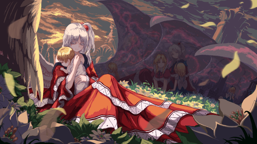 3girls aged_down alice_margatroid alice_margatroid_(pc-98) apron asymmetrical_wings baby back_bow blue_skirt blurry blurry_foreground bow braid capelet carrying carrying_baby carrying_person cloud collarbone colored_eyelashes column commentary dress english_commentary falling_petals feathered_wings field flower flower_field hair_bobbles hair_ornament highres leaf lily_(flower) long_dress long_hair looking_at_another maid maid_apron multiple_girls multiple_wings nukekip on_grass one_side_up overcast petals pillar pixel_art puffy_short_sleeves puffy_sleeves red_dress shinki_(touhou) short_hair short_sleeves sitting skirt sky suspender_skirt suspenders touhou touhou_(pc-98) twin_braids white_bow white_eyelashes white_eyes white_flower white_hair wings yellow_eyes yumeko_(touhou)