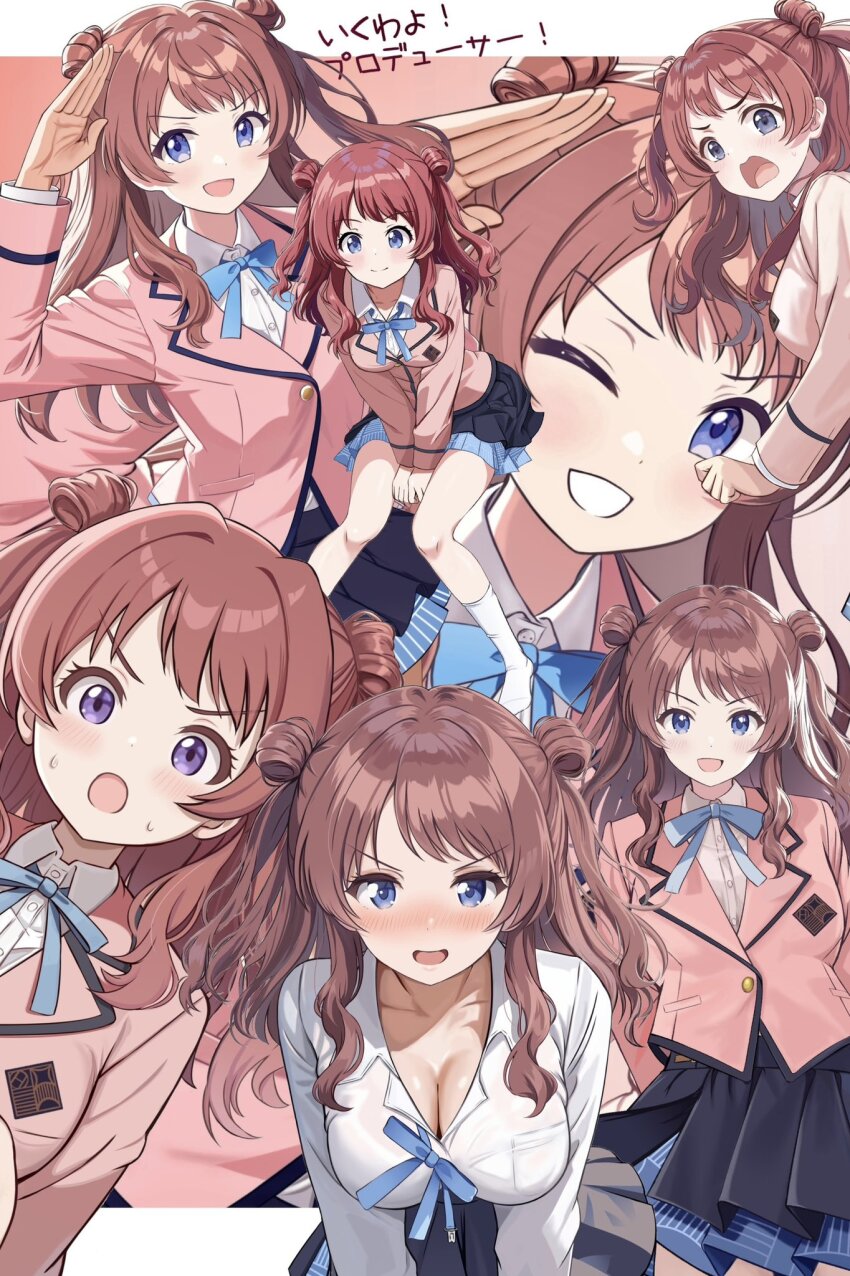 1girl black_overskirt blazer blue_eyes blue_overskirt blue_ribbon blush breasts brown_hair cleavage closed_mouth cropped_jacket gakuen_idolmaster gokugetsu_academy_school_uniform hair_bun hanami_saki hatsuboshi_gakuen_school_uniform highres idolmaster jacket large_breasts long_hair long_sleeves looking_at_viewer neck_ribbon one_eye_closed open_mouth pink_jacket red_hair ribbon school_uniform shirt skirt smile solo two_side_up white_shirt zaofeng