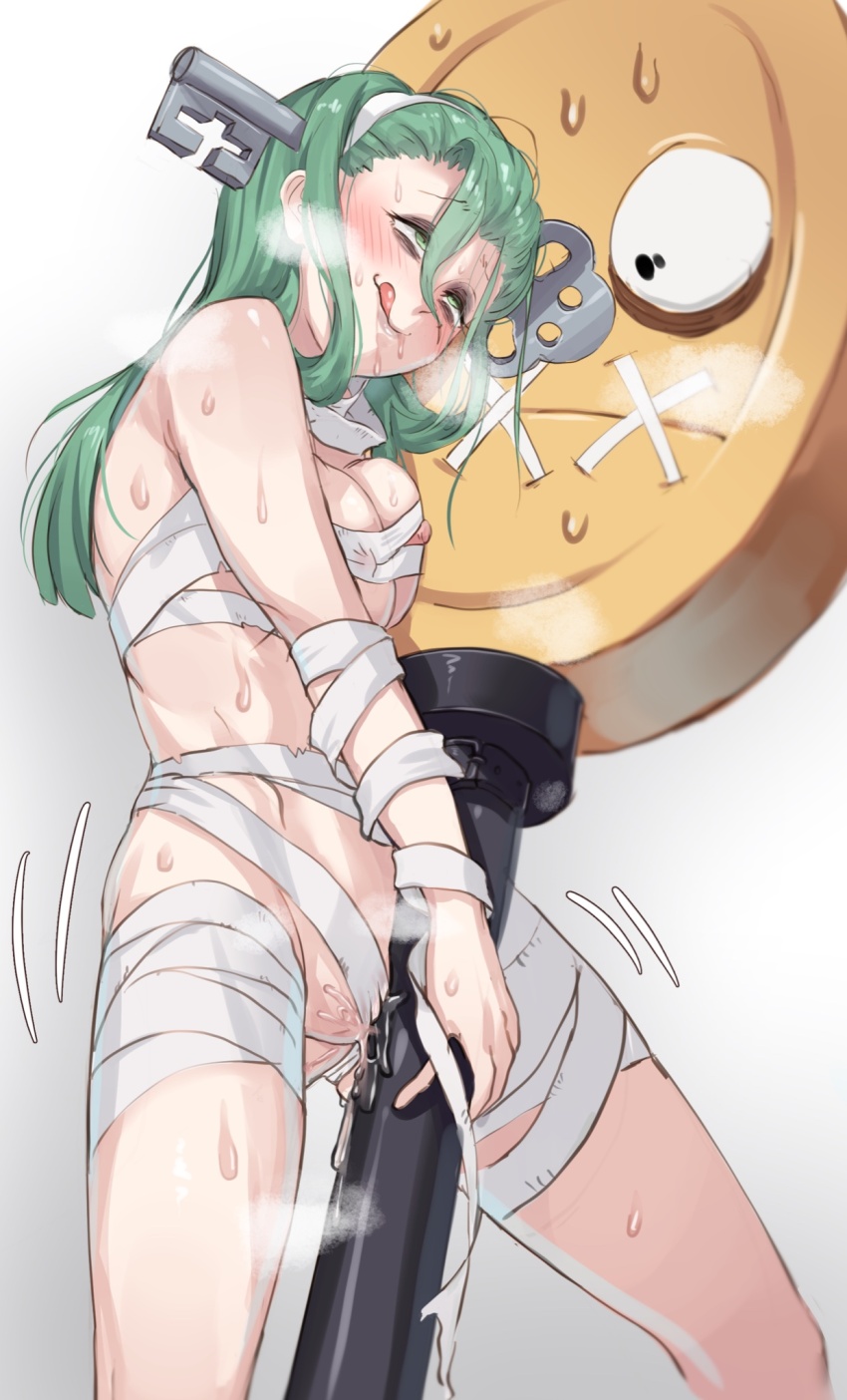 1girl :q a.b.a bags_under_eyes bandages breasts crotch_rub green_eyes green_hair guilty_gear guilty_gear_strive highres key long_hair medium_breasts mocomori nipples paracelsus_(guilty_gear) pussy_juice tongue tongue_out