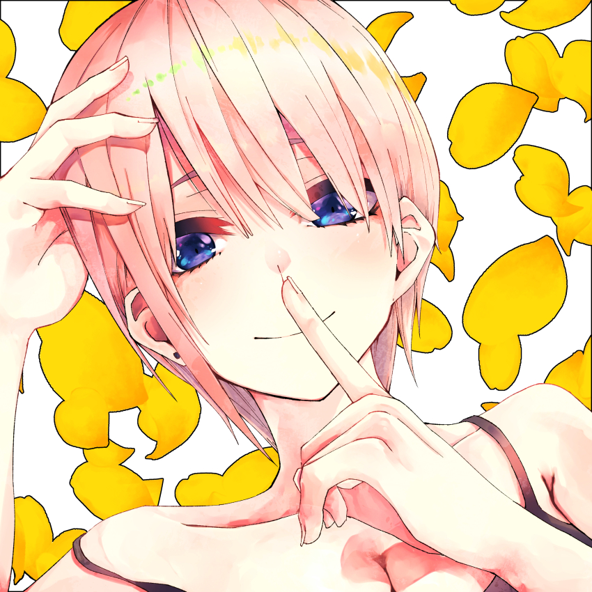 1girl absurdres blue_eyes breasts cleavage closed_mouth collarbone commentary counting earrings finger_to_mouth go-toubun_no_hanayome hand_on_own_hip hand_up hands_up highres index_finger_raised jewelry leaf looking_at_viewer mochimentai nakano_ichika pink_hair portrait shushing solo spaghetti_strap