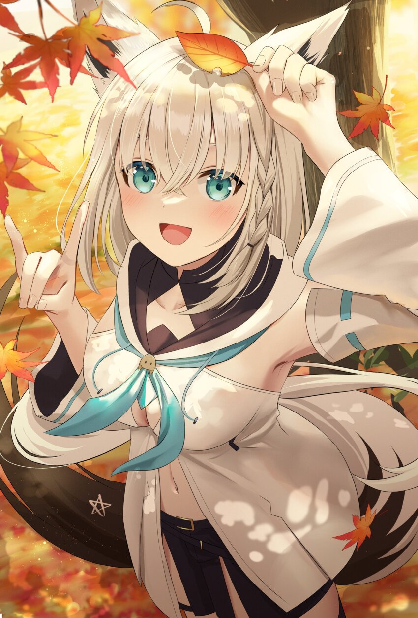 1girl :d absurdres ahoge animal_ear_fluff animal_ears aqua_eyes arm_up autumn_leaves black_shorts blue_neckerchief braid breasts cleavage commentary_request detached_sleeves double-parted_bangs fox_ears fox_girl fox_shadow_puppet fox_tail front_slit hair_between_eyes hand_up highres holding holding_leaf hololive hood hooded_vest hoodie leaf long_hair looking_at_viewer low_ponytail medium_breasts nakaneabura8623 navel neckerchief open_mouth outdoors pentagram ponytail shirakami_fubuki shirakami_fubuki_(1st_costume) short_shorts shorts side_braid sidelocks smile solo tail vest virtual_youtuber white_hair white_sleeves white_vest wide_sleeves