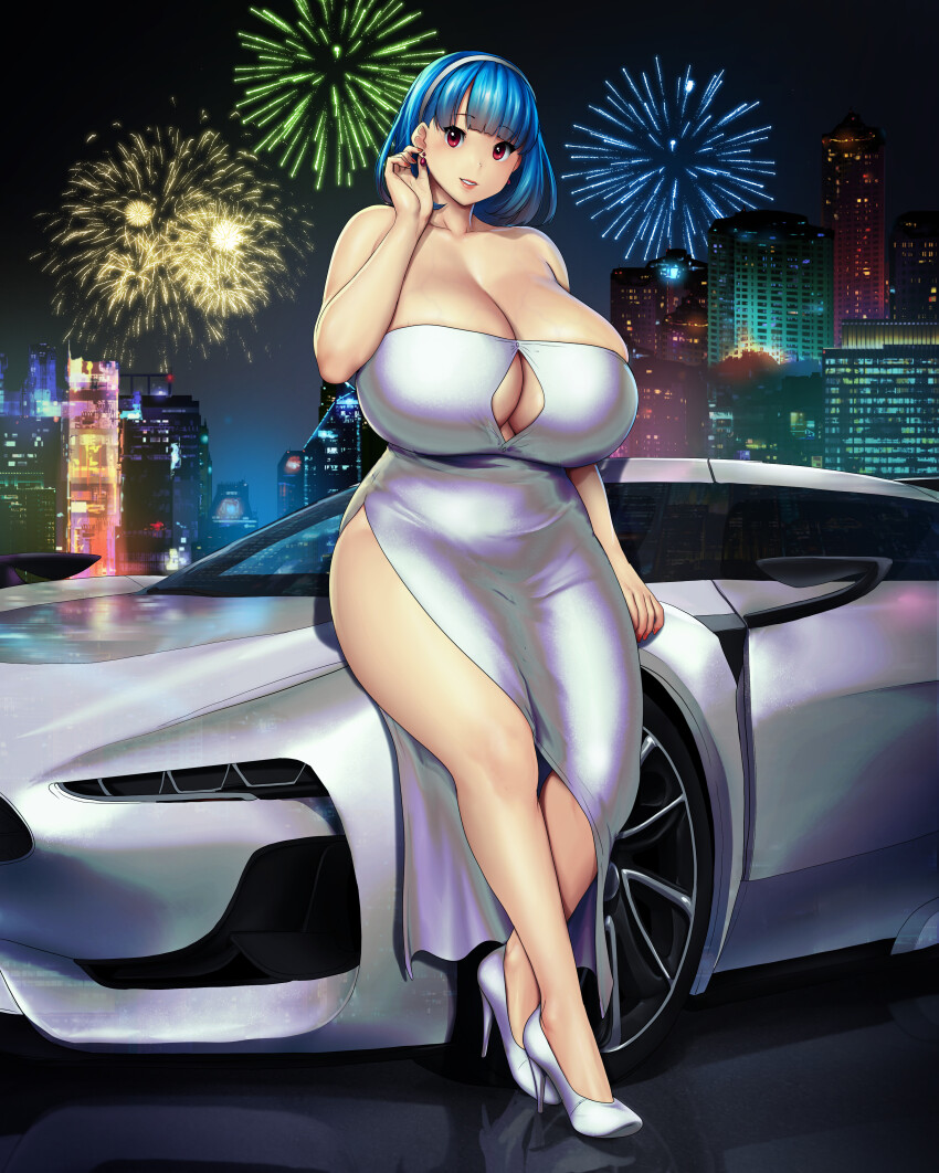 1girl absurdres blue_hair blush breasts car cityscape cleavage cocktail_dress collarbone curvy dress earrings erkaz evening_gown fireworks full_body hairband high_heels highres hip_vent huge_breasts jewelry looking_at_viewer motor_vehicle new_year night original parted_lips red_eyes rina_atherina short_hair smile solo sports_car standing thick_thighs thighs veins veiny_breasts wide_hips