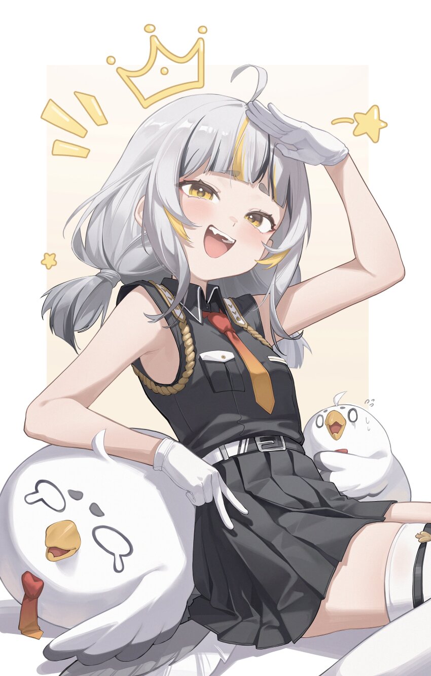 1girl :d absurdres ahoge aiguillette bare_shoulders belt bird black_belt black_hair black_shirt black_skirt blonde_hair blunt_bangs blush breast_pocket collared_shirt crown fang gloves gradient_necktie highres indie_virtual_youtuber long_hair looking_at_viewer low_twintails midori_fufu miniskirt multicolored_hair necktie omaimaimai_(vtuber) open_mouth orange_necktie pleated_skirt pocket red_necktie shirt short_eyebrows sitting skirt sleeveless sleeveless_shirt smile streaked_hair tears teeth thighhighs twintails two-tone_belt upper_teeth_only v virtual_youtuber white_belt white_gloves white_hair white_thighhighs yellow_eyes yellow_necktie zettai_ryouiki