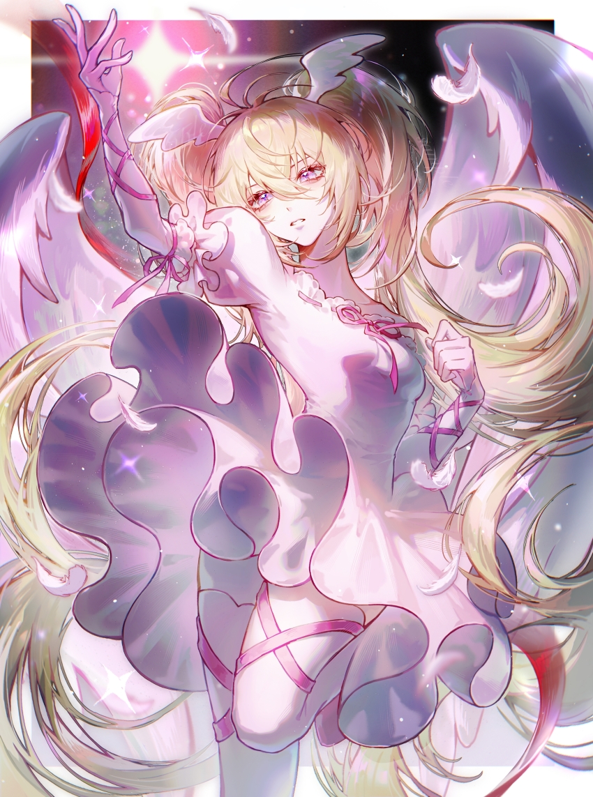 1girl absurdres angel_wings antenna_hair arm_ribbon arm_up blonde_hair border breasts chinese_commentary collarbone dress falling_feathers feathered_wings feathers foot_out_of_frame frilled_dress frills hair_between_eyes hand_up head_wings highres holding holding_star hoshina_utau leg_ribbon long_hair looking_at_object object_floating_above_hand off-shoulder_dress off_shoulder outside_border parted_lips pink_dress pink_ribbon pink_shoes puffy_short_sleeves puffy_sleeves purple_eyes ribbon ribbon-trimmed_dress ribbon_trim seraphic_charm shoes short_dress short_sleeves shugo_chara! single_bare_shoulder small_breasts solo standing standing_on_one_leg star_(symbol) thigh_ribbon thighhighs twintails very_long_hair white_arm_warmers white_border white_feathers white_thighhighs white_wings wings zhumojian