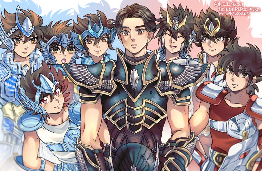 6+boys ^_^ armor awestruck blue_armor brown_eyes brown_hair chest_guard closed_eyes drop_shadow gold_trim helmet highres holding holding_helmet kei_(nvew8238) knights_of_the_zodiac_(2023) male_focus multiple_boys multiple_persona nervous open_mouth pauldrons pegasus_seiya red_eyes red_tank_top saint_seiya saint_seiya:_legend_of_sanctuary saint_seiya_(netflix) short_hair shoulder_armor smile solo_focus spiked_hair split_theme surrounded sweatdrop tank_top unworn_headwear unworn_helmet white_tank_top winged_helmet