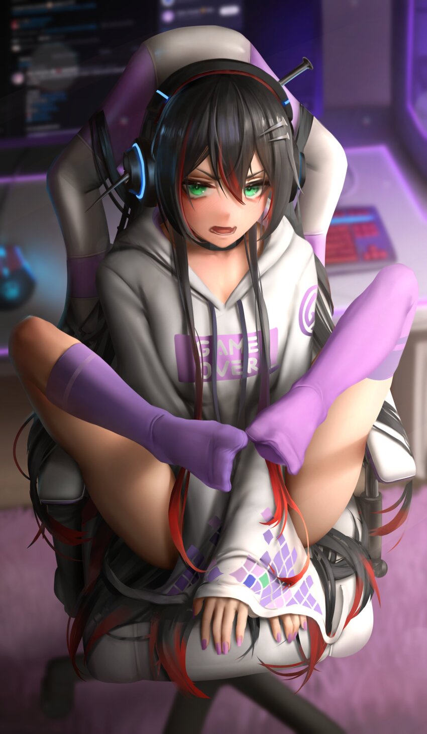 1girl absurdres asymmetrical_legwear black_choker black_hair blurry blurry_background chair choker commentary computer_keyboard computer_mouse eyeliner eyeshadow fang feet_up full_body gaming_chair green_eyes hair_between_eyes hashtag-only_commentary headphones highres hood hoodie long_hair long_sleeves lower_teeth_only makeup mika_melatika mika_melatika_(1st_costume) monitor nijisanji nijisanji_id numanoan on_chair open_mouth over-kneehighs print_hoodie purple_nails purple_socks red_streaks sidelocks single_over-kneehigh single_sock single_thighhigh sitting skin_fang sleeves_past_wrists socks solo swivel_chair symbol-only_commentary teeth thighhighs very_long_hair virtual_youtuber white_hoodie