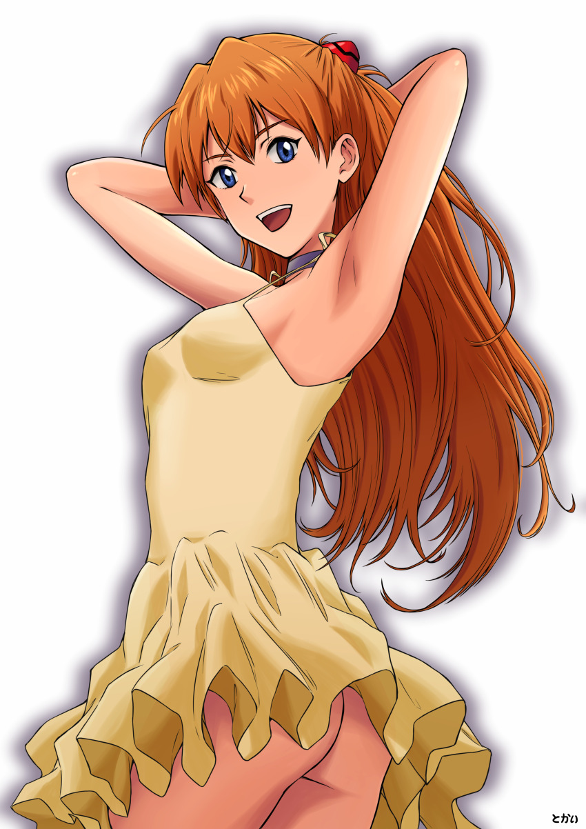 1girl absurdres arms_up ass black_choker blue_eyes breasts choker cowboy_shot dress from_side gluteal_fold highres huge_filesize interface_headset_(evangelion) long_hair looking_at_viewer neon_genesis_evangelion open_mouth orange_hair simple_background sleeveless sleeveless_dress small_breasts smile souryuu_asuka_langley standing teeth tokai upper_teeth_only variant_set very_long_hair white_background yellow_dress