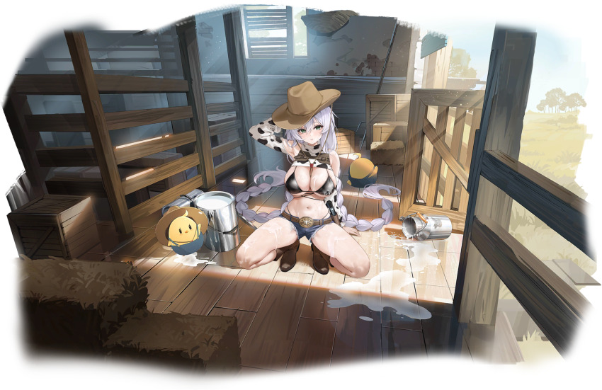 1girl animal animal_print arm_support azur_lane belt bikini bikini_under_clothes bird blue_sky boots braid breasts chungu cleavage cow_print cowboy_hat day fargo_(azur_lane) fargo_(dairy_in_the_dreary_sun)_(azur_lane) full_body gun handgun hat highres indoors large_breasts long_hair looking_at_viewer manjuu_(azur_lane) milk navel official_art revolver short_shorts shorts sky squatting stomach swimsuit thighs tree twin_braids twintails weapon wooden_floor
