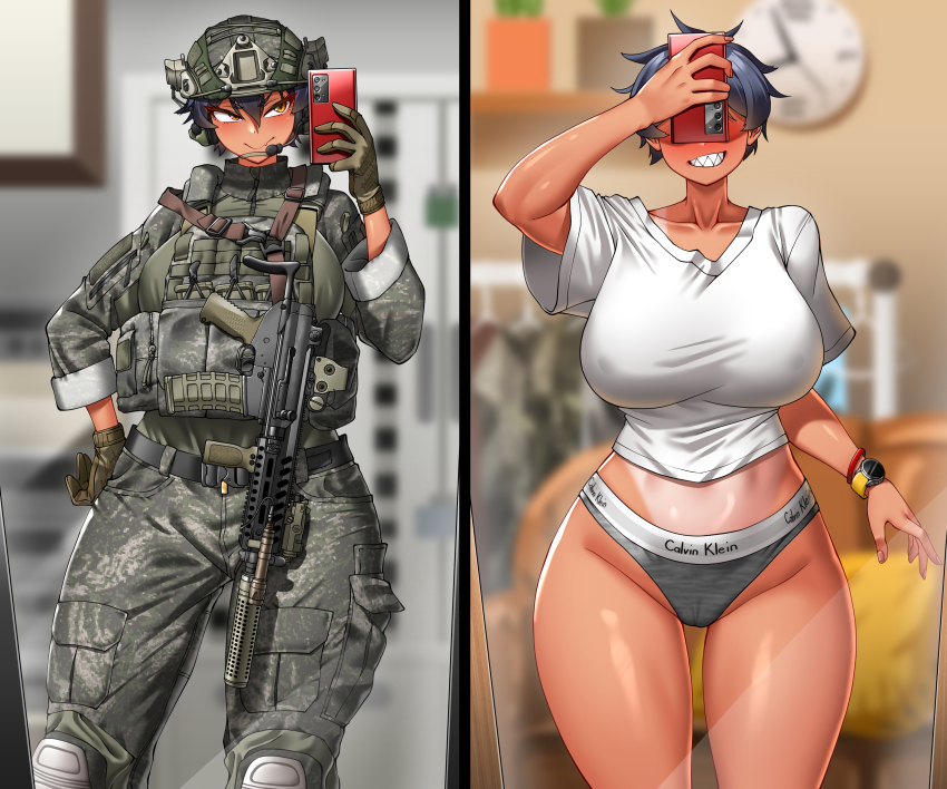 1girl absurdres ammunition_pouch assault_rifle black_hair blurry blush breasts brown_gloves bulletproof_vest calvin_klein cameltoe camouflage camouflage_jacket camouflage_pants clock collarbone combat_helmet commentary couch covered_erect_nipples daewoo_k1 depth_of_field ear_protection fang fingernails flashlight gloves grey_panties gun gun_sling hair_between_eyes hand_up helmet highres hitch_(perotoss) huge_breasts indoors jacket laser_sight load_bearing_vest long_sleeves looking_at_phone magazine_(object) microphone military mirror mirror_selfie open_mouth optical_sight paid_reward_available panties pants phone plant potted_plant pouch rifle selfie sergeant_joo sharp_teeth shirt short_hair short_sleeves skin_fang sleeves_rolled_up slit_pupils smile solo suppressor tan tanline teeth underwear vertical_foregrip watch weapon white_shirt wristband yellow_eyes