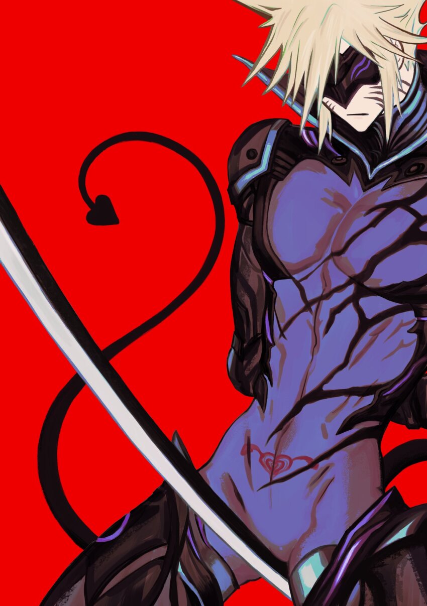 1boy arms_behind_back blindfold blonde_hair bodystocking closed_mouth cloud_strife cloud_strife_(bahamut_garb) demon_tail eye_mask facial_mark final_fantasy final_fantasy_vii final_fantasy_vii_ever_crisis grab_2030 highres male_focus masamune_(ff7) official_alternate_costume popped_collar pubic_tattoo red_background short_hair single_shoulder_pad spiked_hair spread_legs sword sword_between_thighs tail tattoo toned toned_male weapon