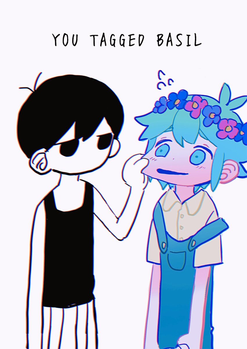 2boys basil_(headspace)_(omori) basil_(omori) black_eyes black_hair black_tank_top blue_overalls cheek_pull collared_shirt colored_skin flower flying_sweatdrops green_eyes green_hair head_wreath highres male_focus multiple_boys omori omori_(omori) overalls parted_lips shirt shorts simple_background tank_top tate_ware_anal white_background white_shorts white_skin yellow_shirt