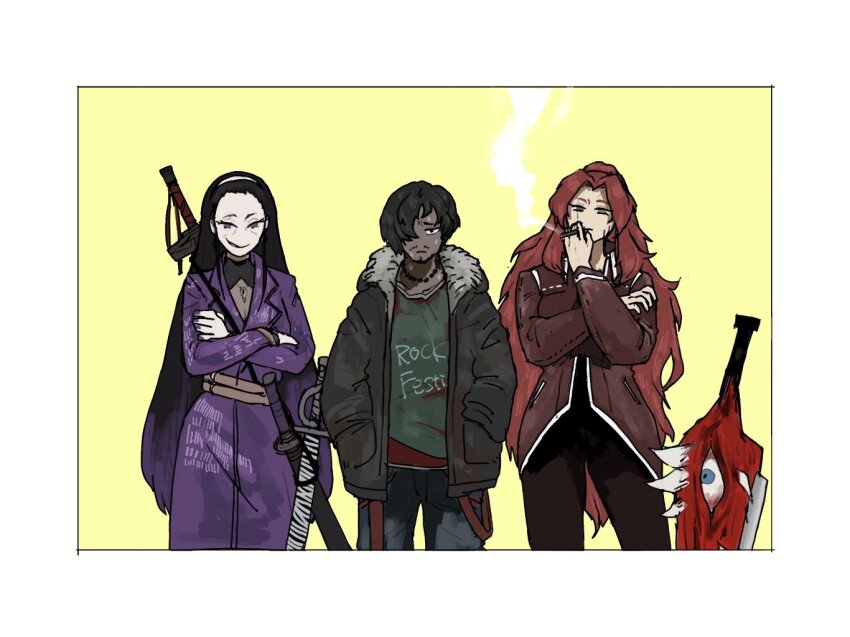 1boy 2girls artist_request bad_link bead_necklace beads black_hair cigarette clothes_writing coat crossed_arms denim e.g.o_(project_moon) facial_hair fur-trimmed_jacket fur_trim gebura_(project_moon) gradient_hair hair_over_one_eye hands_in_pockets heterochromia iori_(project_moon) jacket jeans jewelry library_of_ruina long_hair mimicry_(e.g.o) multicolored_hair multiple_girls necklace pants pete_(project_moon) project_moon purple_coat purple_eyes purple_hair red_coat red_hair scabbard sheath sheathed smirk smoke smoking stubble sweat sword sword_on_back very_long_hair weapon weapon_on_back wrinkled_skin