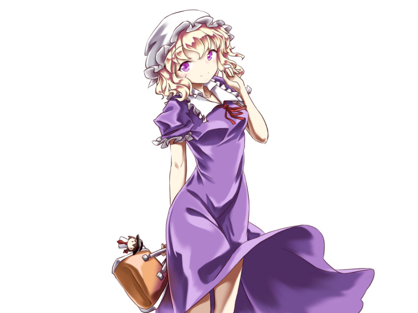 1girl arm_behind_back bag blonde_hair breasts character_charm charm_(object) chinese_commentary closed_mouth commentary_request cowboy_shot dress findzhenxin holding holding_bag long_dress looking_at_viewer maribel_hearn medium_breasts medium_hair neck_ribbon puffy_short_sleeves puffy_sleeves purple_dress purple_eyes red_ribbon ribbon short_sleeves simple_background smile solo touhou transparent_background usami_renko