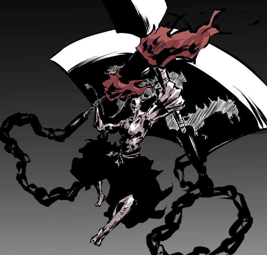 1boy abs absurdres bald bankai barefoot black_kimono bleach chain commentary_request dirty fighting_stance foreshortening full_body gradient_background grey_background grin hands_up highres holding holding_sword holding_weapon japanese_clothes ken_hollow kimono looking_at_viewer madarame_ikkaku male_focus muscular muscular_male ryumon_hozukimaru_(bankai) sidelighting simple_background smile solo sword topless_male torn_clothes torn_kimono weapon