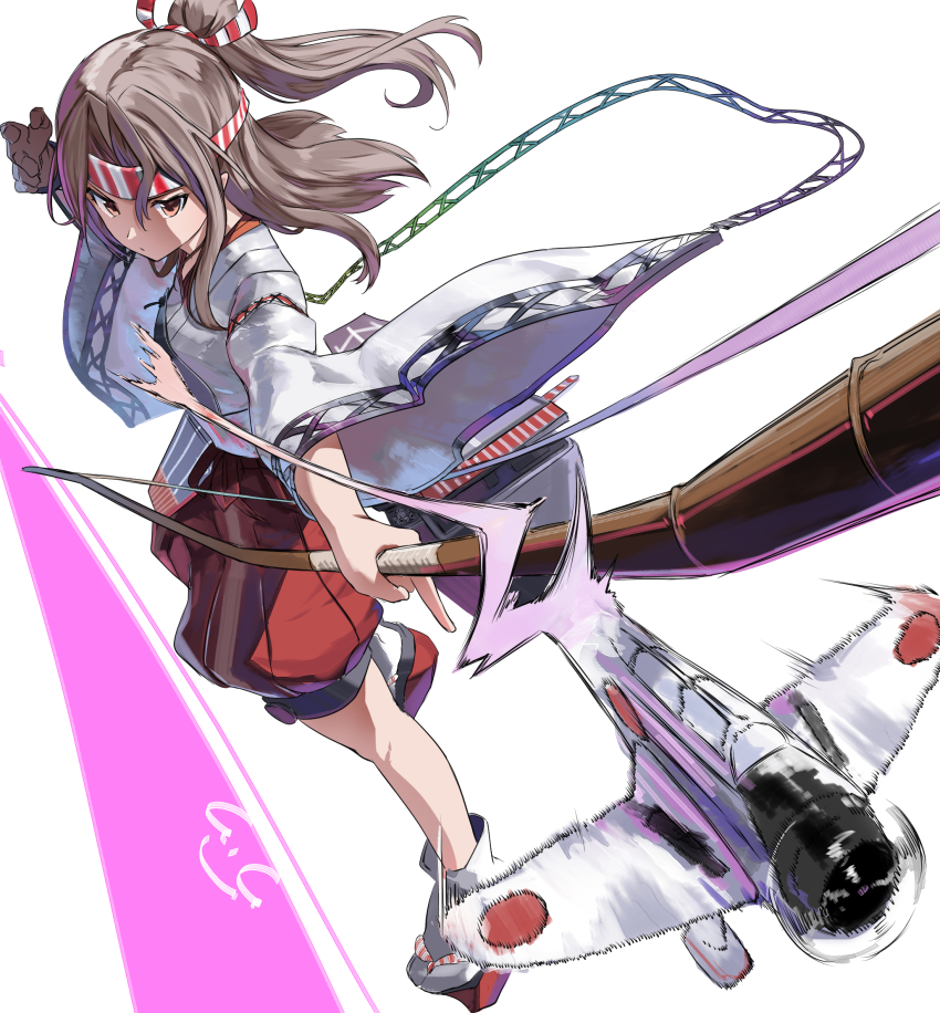 1girl aircraft airplane blush bomber bow_(weapon) brown_eyes brown_hair d3a dive_bomber gegesan geta gloves hachimaki hair_ribbon hakama hakama_shorts hakama_skirt headband high_ponytail highres japanese_clothes kantai_collection kimono light_brown_hair long_hair long_sleeves muneate okobo platform_sandals ponytail red_shorts ribbon sandals shorts signature simple_background skirt solo weapon white_background white_kimono wide_sleeves zuihou_(kancolle)