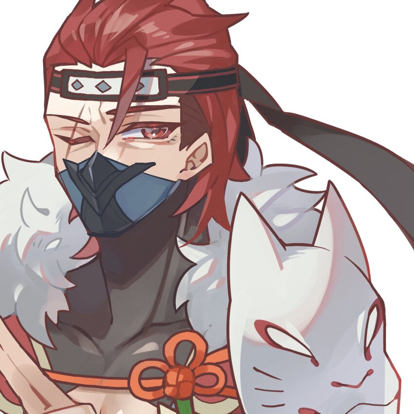 1boy fire_emblem fire_emblem_fates fire_emblem_heroes fox_mask fur_trim headband highres mask mouth_mask nikomi0724 ninja ninja_mask nintendo official_alternate_costume one_eye_closed red_eyes red_hair saizo_(fire_emblem) saizo_(ninja)_(fire_emblem) scar scar_across_eye scar_on_face solo unworn_mask