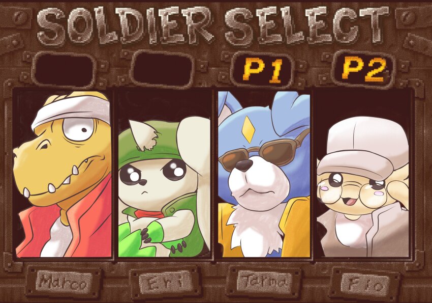 agumon burgamon cosplay digimon digimon_(creature) fio_germi fio_germi_(cosplay) gaomon glasses hat highres horns kasamoto_eri kasamoto_eri_(cosplay) looking_at_viewer marco_rossi marco_rossi_(cosplay) metal_slug parody sunglasses tarma_roving tarma_roving_(cosplay) terriermon