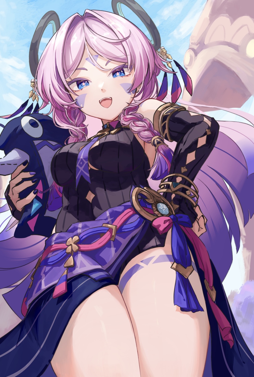 1girl absurdres blue_eyes blue_sky bracelet breasts citlali_(genshin_impact) cloud cloudy_sky commentary_request cowboy_shot day detached_sleeves dress feathers genshin_impact gold_armlet gold_bracelet hair_ornament hand_on_own_hip highres holding holding_pillow itzpapa_(genshin_impact) jewelry loincloth long_hair looking_at_viewer medium_breasts multicolored_feathers neneneneko open_mouth outdoors pillow pink_feathers pink_hair pink_pupils purple_feathers purple_nails purple_shirt shirt sidelocks single_detached_sleeve sky sleeveless sleeveless_dress solo standing thighs vision_(genshin_impact)