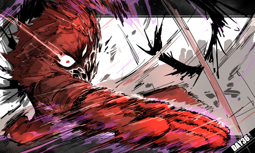 1boy armor fujikido_kenji highres incoming_attack kankan33333 looking_at_viewer motion_lines ninja_slayer red_eyes solo speed_lines wide-eyed