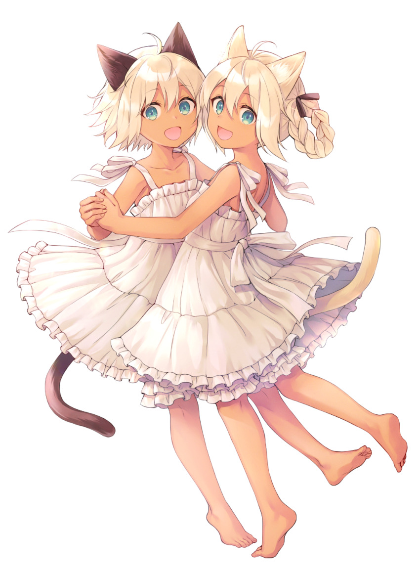 2girls :d animal_ears back_bow barefoot bow braid braided_hair_rings cat_ears cat_tail dark-skinned_female dark_skin dress e_(eokiba) full_body green_eyes hair_rings highres hitsugi_katsugi_no_kuro holding_hands looking_at_viewer looking_back multiple_girls nijuku open_mouth ribbon sanju short_hair shoulder_ribbon simple_background smile tail tiptoes white_background white_bow white_dress white_hair white_ribbon