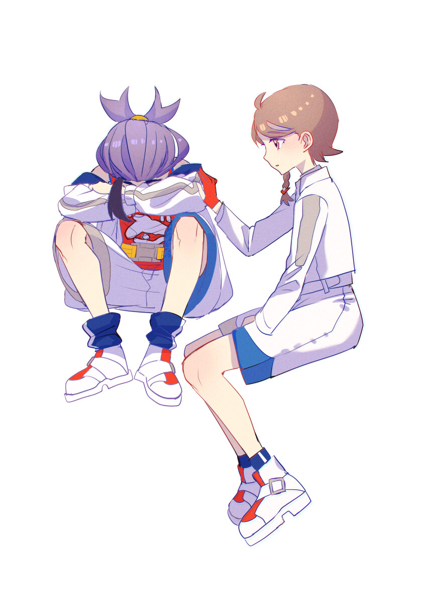 1boy 1girl absurdres black_hair blue_socks braid brown_eyes brown_hair closed_mouth commentary_request gloves hand_up highres invisible_chair jacket juliana_(pokemon) kieran_(pokemon) knees long_sleeves looking_at_another loose_hair_strand nintendo pokemon pokemon_sv purple_hair red_gloves red_shirt shirt shocho_(shaojiujiu) shoes short_hair shorts simple_background sitting socks white_background white_jacket white_shoes white_shorts
