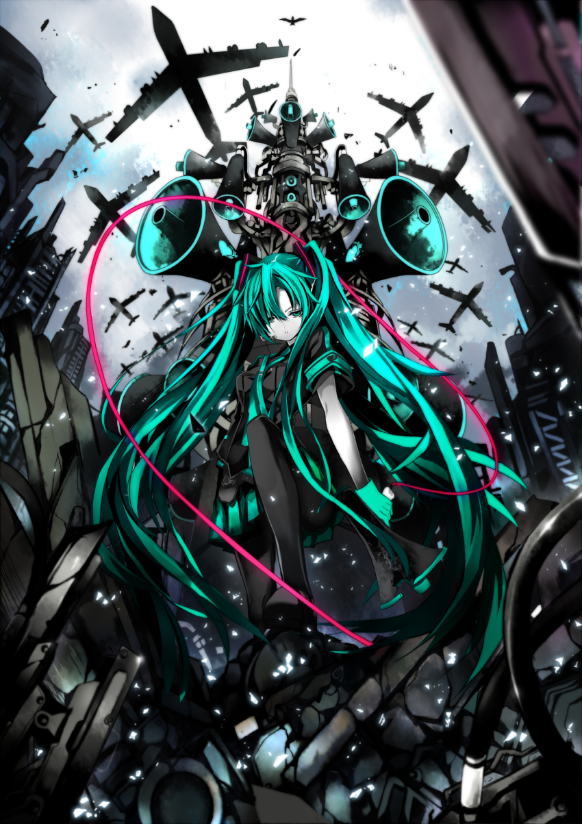 1girl aircraft airplane aqua_eyes aqua_hair armband b-52_stratofortress female_focus gloves hatsune_miku headset heavy_bomber highres koi_wa_sensou_(vocaloid) legs long_hair megaphone necktie outdoors pantyhose penetrator_(aircraft) shino_(eefy) skirt sky solo strategic_bomber twintails very_long_hair vocaloid