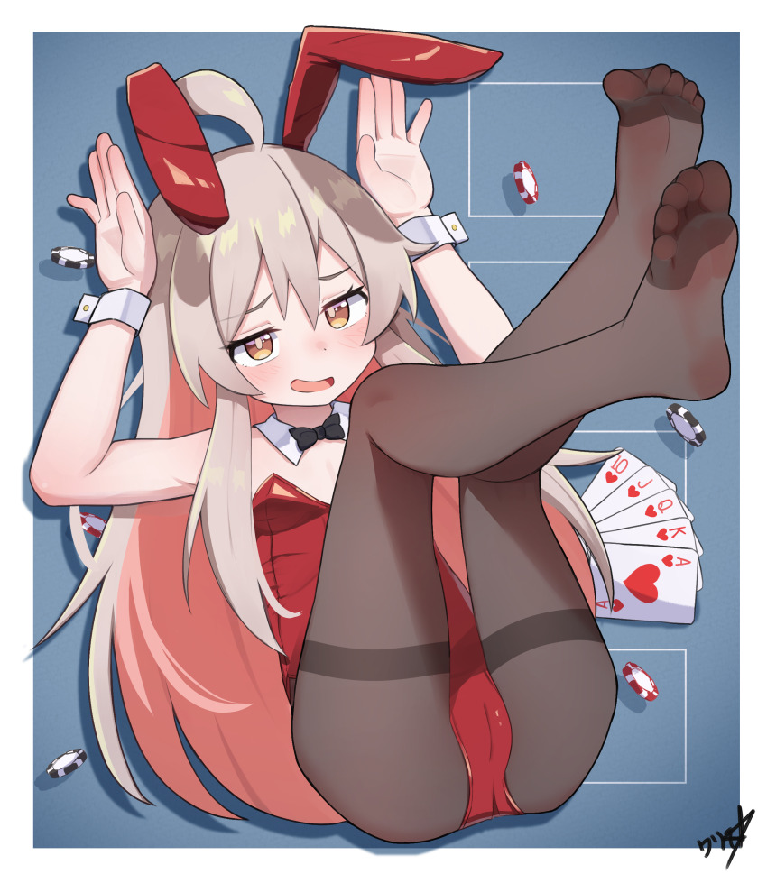1girl absurdres ace_(playing_card) ace_of_hearts ahoge animal_ears black_bow black_bowtie black_pantyhose boppin bow bowtie breasts brown_eyes cameltoe card colored_inner_hair commentary commission detached_collar fake_animal_ears feet genderswap genderswap_(mtf) grey_hair hands_up heart highres jack_(playing_card) jack_of_hearts king_(playing_card) king_of_hearts_(playing_card) legs_up leotard loli long_hair looking_at_viewer lying multicolored_hair no_shoes on_back onii-chan_wa_oshimai! open_mouth oyama_mahiro paid_reward_available pantyhose pink_hair playboy_bunny playing_card poker_chip queen_(playing_card) queen_of_hearts_(playing_card) rabbit_ears rabbit_pose red_leotard royal_flush signature small_breasts soles solo strapless strapless_leotard ten_of_hearts thighband_pantyhose toes two-tone_hair white_wrist_cuffs wrist_cuffs