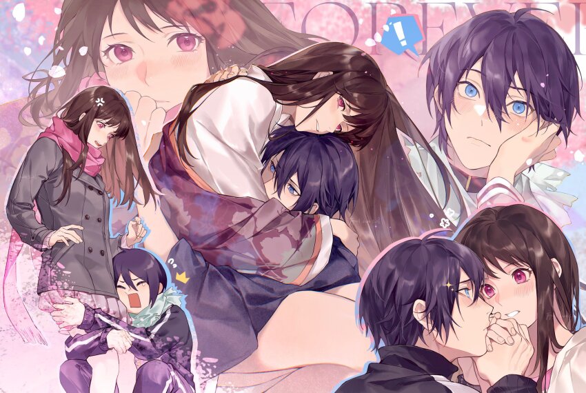 ! 1boy 1girl absurdres anger_vein black_jacket black_kimono black_pants blue_eyes blush brown_hair closed_eyes closed_mouth coat commentary eye_contact face-to-face flower_symbol flying_sweatdrops fringe_trim green_scarf grey_coat hair_between_eyes hand_on_another&#039;s_back hand_on_another&#039;s_cheek hand_on_another&#039;s_face hand_up hetero highres holding_hands hug hugging_another&#039;s_leg iki_hiyori jacket japanese_clothes kimono long_hair long_scarf long_sleeves looking_at_another looking_at_viewer looking_down noragami off_shoulder open_mouth pants parted_lips pink_eyes pink_scarf pleated_skirt print_kimono purple_hair purple_skirt scarf short_hair sitting skirt sparkle speech_bubble spoken_exclamation_mark squatting standing symbol-only_commentary teeth track_jacket track_pants track_suit upper_teeth_only white_kimono wide_sleeves xuchuan yato_(noragami)