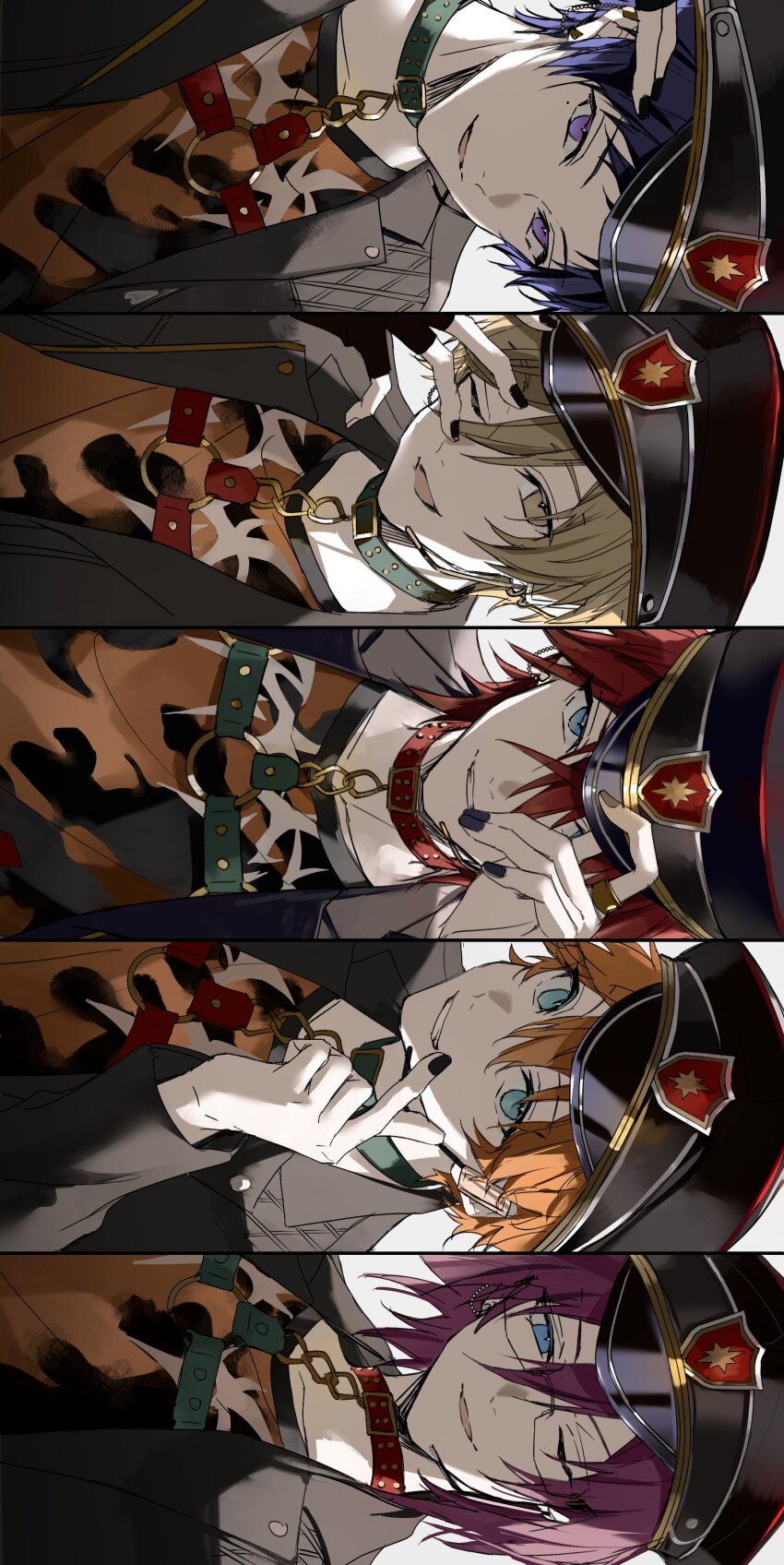 5boys absurdres akehoshi_subaru amagi_rinne belt_collar black_hat black_jacket black_nails blue_eyes blue_hair brown_eyes brown_hair choker collar ensemble_stars! finger_heart fushimi_yuzuru glasses hat highres holding holding_unworn_clothes holding_unworn_hat jacket looking_at_viewer mashiro_tomoya medium_hair mole mole_under_eye multiple_boys nozz177 official_alternate_costume one_eye_closed orange_hair parted_lips pink_hair purple_eyes red_choker red_hair saegusa_ibara short_hair sideways smile unworn_hat unworn_headwear