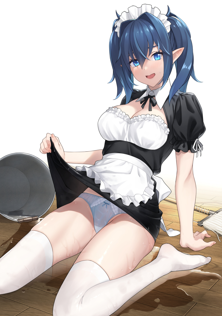 1girl apron arm_support black_neckwear black_ribbon black_skirt blue_eyes blue_hair blue_panties breasts broom cleavage clothes_lift commentary_request hair_between_eyes highres lifting_own_clothes looking_at_viewer maid maid_headdress medium_breasts open_mouth original panties pointy_ears prime_(prime_tw) puffy_short_sleeves puffy_sleeves ribbon short_hair short_sleeves sitting skirt skirt_lift solo thighhighs twintails underwear wet white_apron white_thighhighs