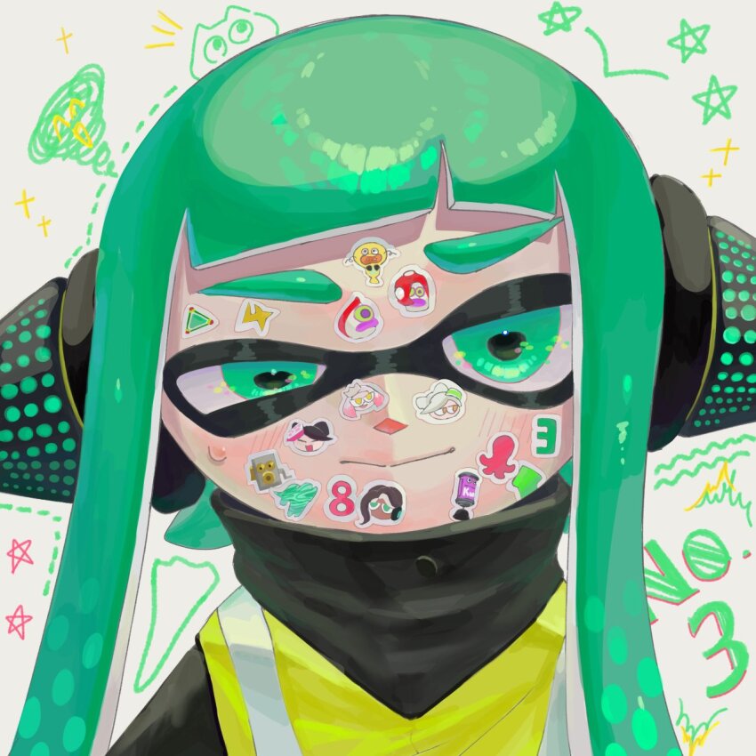 1girl agent_3_(splatoon) black_shirt blunt_bangs blush callie_(splatoon) character_name character_sticker closed_mouth commander_tartar green_eyes green_hair half-closed_eye headphones high-visibility_clothing high-visibility_vest highres kurutot1 long_hair looking_at_viewer marie_(splatoon) marina_(splatoon) nintendo notice_lines octoball octotrooper pearl_(splatoon) portrait scribble shirt solo sparkle splat_bomb_(splatoon) splatoon_(series) splatoon_2 splatoon_2:_octo_expansion star_(symbol) sticker_on_face suction_bomb_(splatoon) sweat tentacle_hair thick_eyebrows twintails white_background zapfish