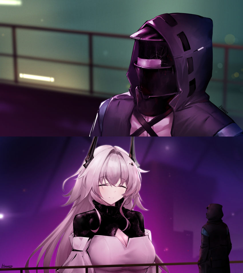 1girl 1other absurdres ambiguous_gender arknights black_coat black_horns blade_runner_(series) blade_runner_2049 blurry blurry_background breasts cleavage closed_eyes closed_mouth coat commentary demon_horns doctor_(arknights) dress english_commentary english_text hair_intakes highres hood hood_up hooded_coat horns irkawaza large_breasts long_hair pink_hair railing smile theresa_(arknights) turtleneck turtleneck_dress white_dress wide_sleeves