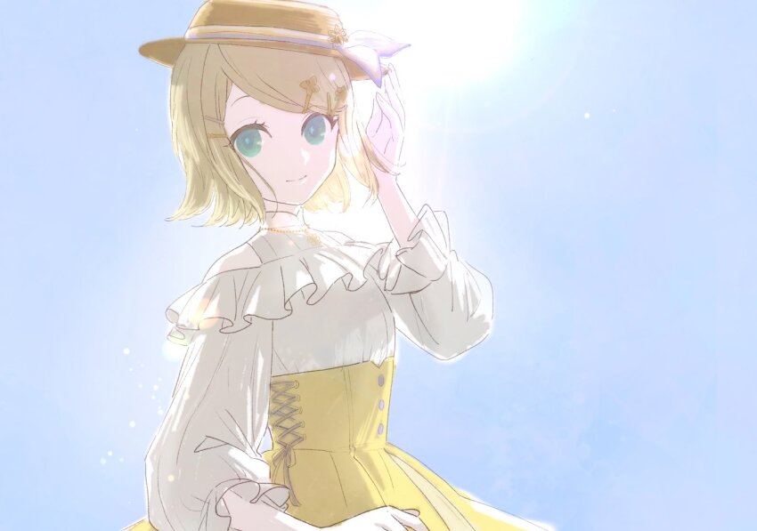 1girl arm_at_side backlighting blonde_hair blouse blue_sky blurry boater_hat bokeh bow bubble_skirt butterfly_hair_ornament buttons clear_sky closed_mouth cross-laced_clothes cross-laced_skirt day depth_of_field eyelashes flat_chest frilled_sleeves frills green_eyes hair_ornament hairclip halter_shirt halterneck hand_up hat hat_bow high_collar jewelry kagamine_rin lens_flare light_particles long_sleeves looking_at_viewer necklace off-shoulder_shirt off_shoulder official_alternate_costume outdoors project_sekai puffy_long_sleeves puffy_sleeves seki_(kreuz4360) shirt short_hair side_slit skirt sky smile solo sun sun_hat_ornament sunlight swept_bangs tareme the_vivid_old_tale_(project_sekai) underbust upper_body vivid_bad_squad_rin vocaloid white_shirt yellow_skirt