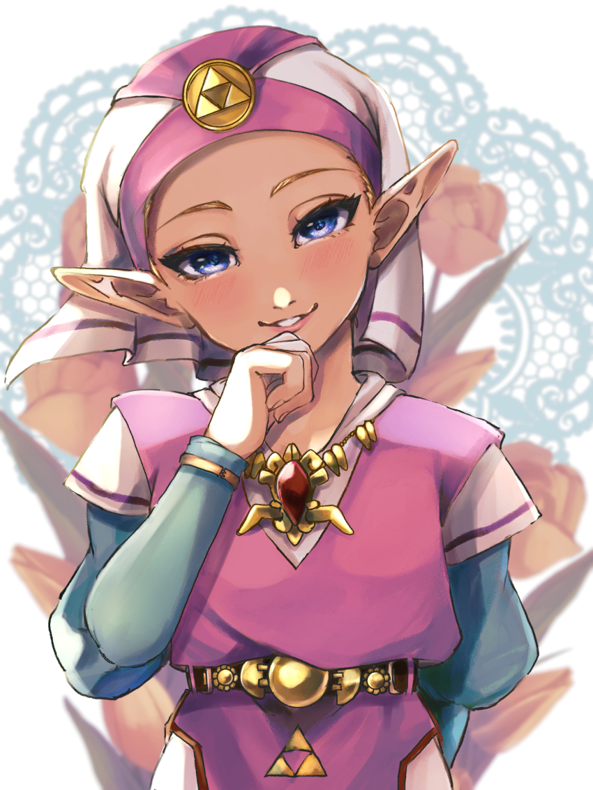 1girl belt blonde_hair blue_eyes blush brooch cowboy_shot dress facing_viewer flower hand_on_own_chin head_tilt headdress highres jewelry looking_at_viewer mi9clous nintendo pointy_ears princess_zelda smile solo the_legend_of_zelda the_legend_of_zelda:_ocarina_of_time white_background young_zelda