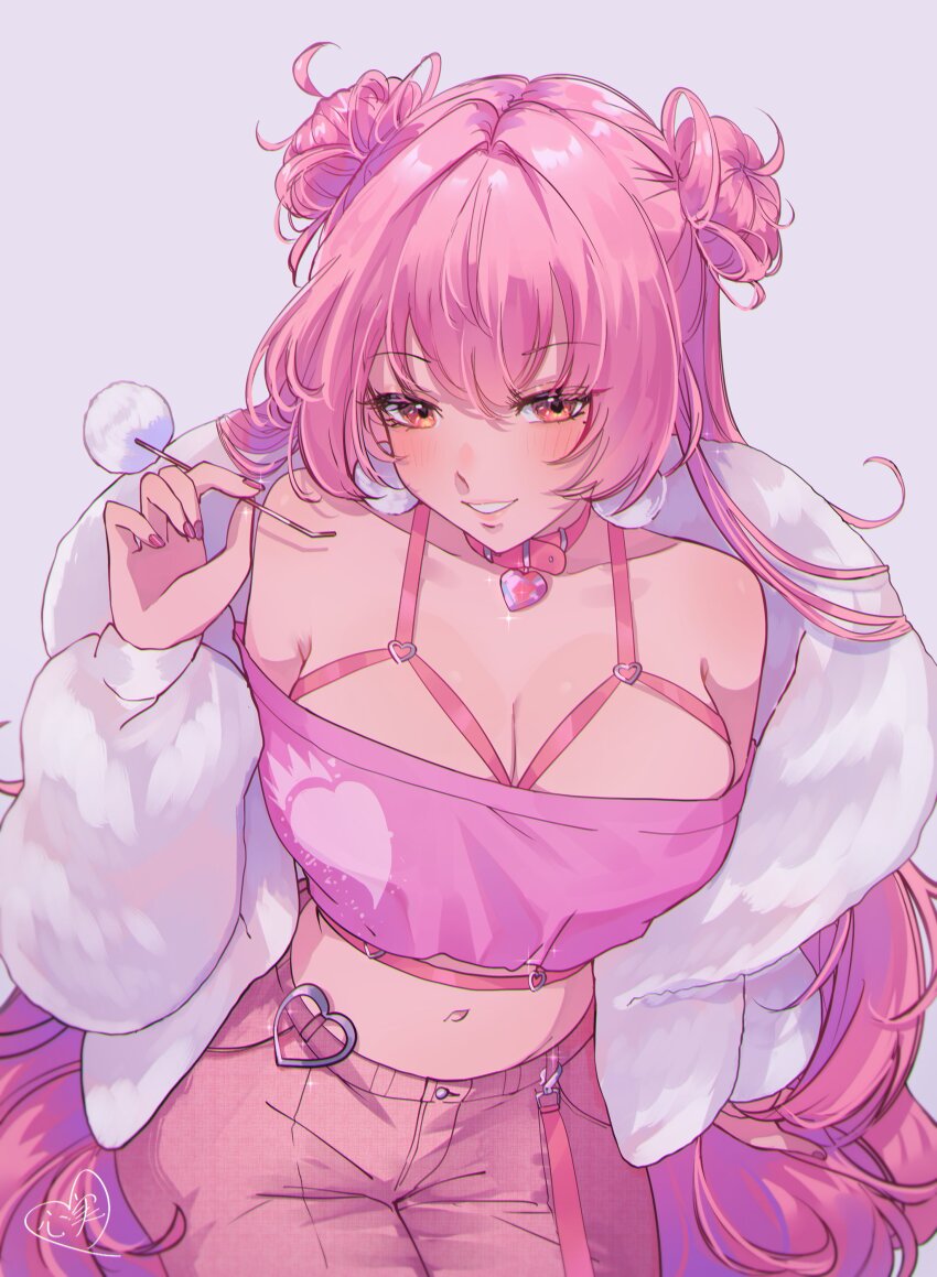 1girl absurdres babypink_(vtuber) belt belt_collar blush breasts chest_harness choker cleavage collar commentary denim double_bun english_commentary gem hair_bun harness heart heart_choker heart_print highres holding indie_virtual_youtuber jacket jeans kokomi_(aniesuakkaman) large_breasts lips long_hair looking_at_viewer midriff mimikaki nail_polish navel pants pink_belt pink_choker pink_collar pink_eyes pink_gemstone pink_hair pink_nails pink_pants pink_straps sitting smile solo teeth very_long_hair virtual_youtuber white_background white_jacket