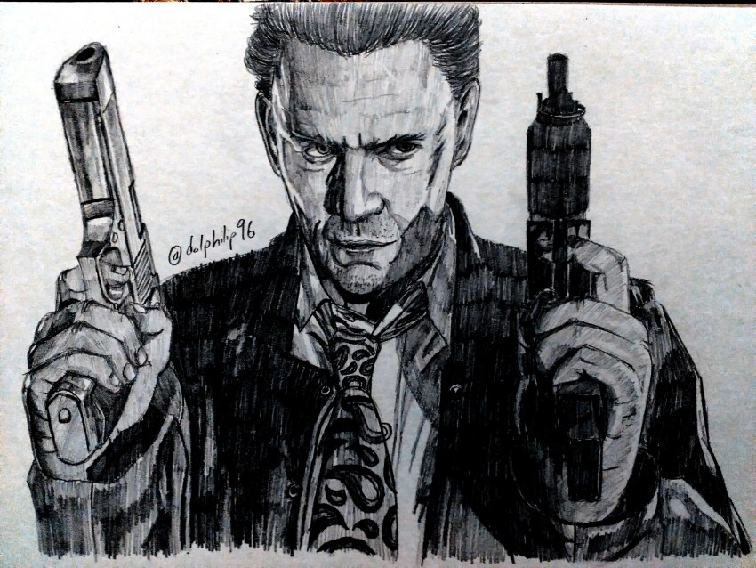 1boy absurdres asymmetrical_dual_wielding averting_eyes buttons closed_mouth collared_shirt commentary cropped_torso derivative_work desert_eagle detective dual_wielding english_commentary finger_on_trigger fingernails forehead gradient_background graphite_(medium) greyscale gun handgun highres holding holding_gun holding_weapon instagram_username jacket lips looking_up loose_necktie male_focus mature_male max_payne max_payne_(character) max_payne_(series) micro_uzi monochrome necktie nose open_clothes open_collar open_jacket print_necktie serious shirt short_hair sketch sketchydolphin96 solo submachine_gun traditional_media unbuttoned upper_body very_short_hair weapon western_comics_(style)