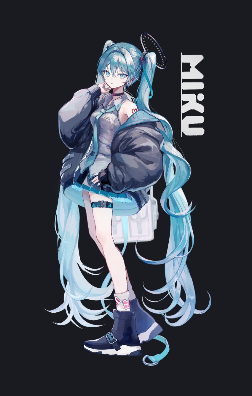 1girl absurdly_long_hair absurdres bare_shoulders black_background black_jacket black_skirt blue_eyes blue_hair breasts character_name full_body grey_shirt halo hatsune_miku highres hood hooded_jacket jacket long_hair medium_breasts miniskirt number_tattoo off_shoulder pipi_(pipinavigation) pleated_skirt shirt shoulder_tattoo simple_background skirt solo tattoo twintails very_long_hair vocaloid