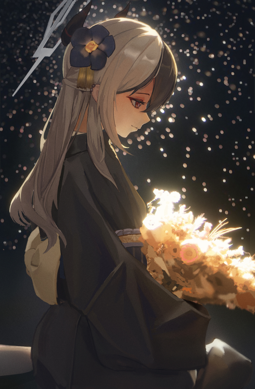 1girl black_hair black_horns black_kimono blue_archive bouquet closed_mouth commentary_request demon_horns ear_piercing flower from_side grey_hair hair_between_eyes hair_flower hair_ornament halo highres holding holding_bouquet horns japanese_clothes kayoko_(blue_archive) kayoko_(new_year)_(blue_archive) kimono long_hair night obi official_alternate_costume official_alternate_hairstyle piercing red_eyes sash solo xixic-owo