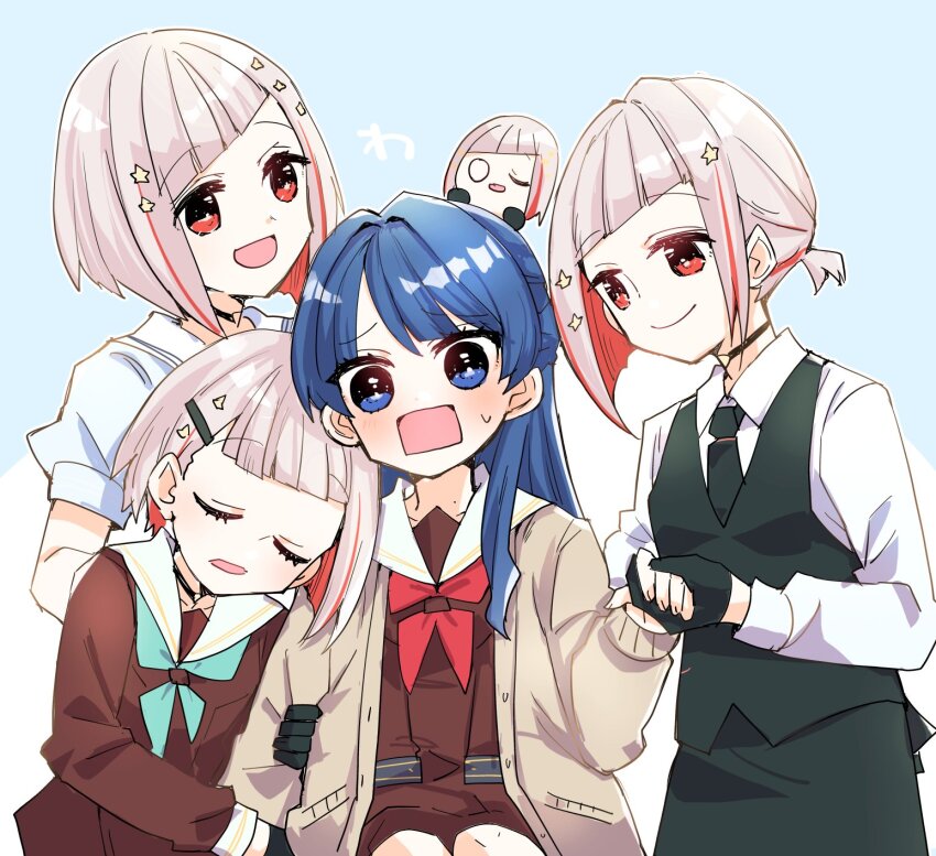 4girls :d aqua_neckerchief arm_hug black_choker black_gloves black_necktie black_skirt black_vest blue_background blue_eyes blue_hair blush brown_cardigan brown_dress cardigan character_doll choker collarbone collared_shirt colored_inner_hair commentary_request diagonal_bangs doll doll_on_head dress dress_shirt gloves grey_hair hair_ornament hairclip half_updo hasu_no_sora_school_uniform highres kanduki_kamibukuro link!_like!_love_live! long_hair long_sleeves love_live! low_ponytail mole mole_on_neck multicolored_hair multiple_girls multiple_persona multiple_seasonal_school_uniforms murano_sayaka neckerchief necktie nesoberi o-ring o-ring_choker open_cardigan open_clothes open_mouth pocket ponytail puffy_short_sleeves puffy_sleeves raised_inner_eyebrows rectangular_mouth red_hair red_neckerchief sailor_collar sailor_dress school_uniform shirt short_hair short_ponytail short_sleeves simple_background sitting skirt smile star_(symbol) star_hair_ornament streaked_hair summer_uniform surrounded sweatdrop taking_another&#039;s_hand time_paradox vest virtual_youtuber white_sailor_collar white_shirt winter_uniform yugiri_tsuzuri