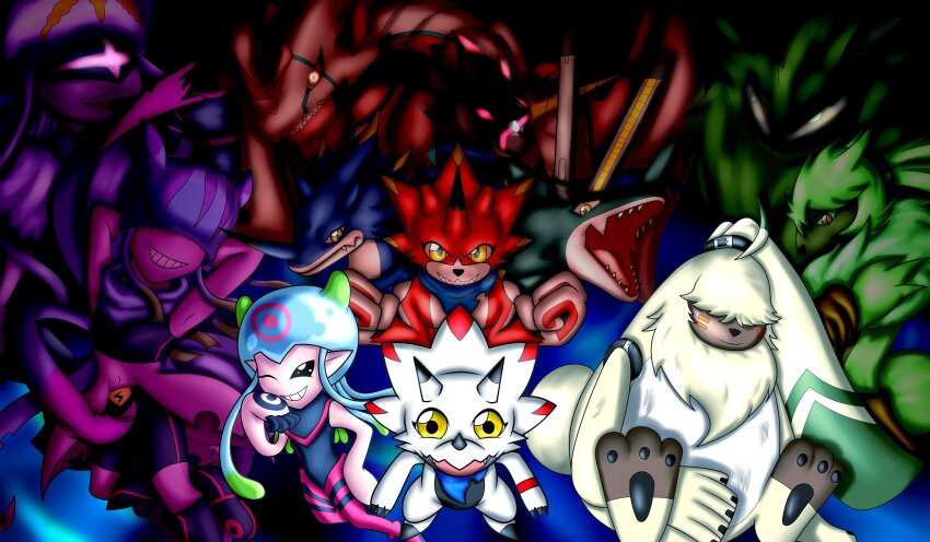 absurdres angoramon betelgammamon canoweissmon digimon digimon_(creature) gammamon gulusgammamon highres jellyfish_girl jellymon kausgammamon lamortmon mask monster_girl no_eyes symbareangoramon tentacle_hair tentacles teslajellymon thetismon wezengammamon