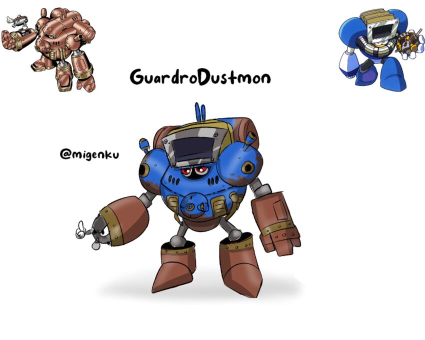 digimon dust_man fusion guardromon highres looking_at_viewer mega_man_(classic) mega_man_(series) missile red_eyes robot simple_background white_background