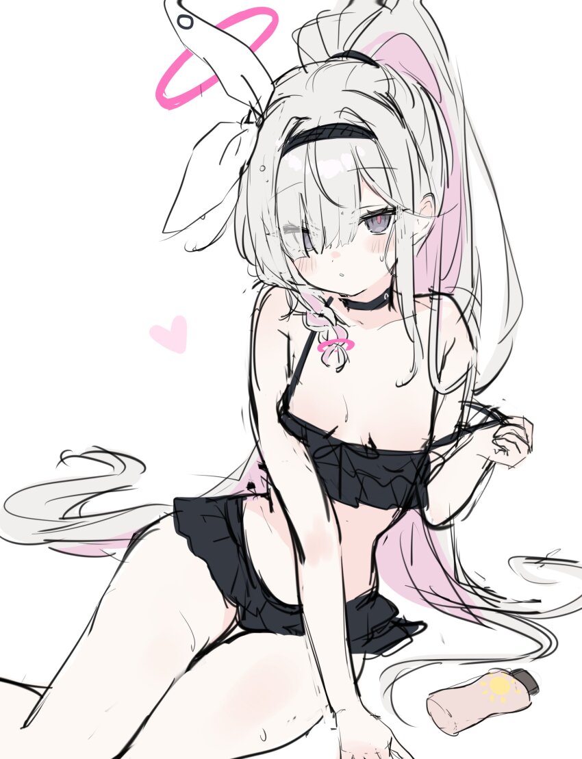 1girl absurdres alternate_costume alternate_hairstyle bare_arms bare_legs bare_shoulders bikini bikini_skirt black_bikini black_choker black_hairband blue_archive blush bow braid breast_press breasts breasts_apart choker collarbone colored_inner_hair cowboy_shot dot_nose expressionless eyes_visible_through_hair feet_out_of_frame frilled_bikini frills grey_eyes hair_between_eyes hair_bow hair_elastic hair_over_one_eye hair_ribbon hair_spread_out hair_tie hairband halo hand_up heart high_ponytail highres leaning_to_the_side loli long_bangs long_hair looking_at_viewer lotion low_neckline multicolored_hair one_eye_covered parted_lips pink_hair pink_halo pink_pupils plana_(blue_archive) ponytail pulling_own_clothes red_pupils ribbon ring_hair_ornament shouu-kun side_braid simple_background single_braid sitting sketch small_breasts solo stomach strap_pull strap_slip string_bikini sunscreen sweat sweatdrop swept_bangs swimsuit thigh_gap thighs traditional_halo two-tone_hair very_long_hair white_background white_bow white_hair white_ribbon