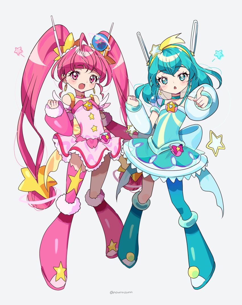 2girls absurdres ahoge antennae aqua_boots aqua_choker aqua_dress aqua_eyes aqua_hair aqua_thighhighs arm_warmers blunt_bangs boots choker circle_skirt cure_milky cure_star dress earrings eyelashes flat_chest full_body hagoromo_lala hair_ornament hairband hand_up highres hoshina_hikaru index_finger_raised jewelry long_hair looking_at_viewer medium_hair multiple_girls nownnownn open_mouth outstretched_arm pink_boots pink_choker pink_dress pink_eyes pink_hair pink_thighhighs precure puffy_short_sleeves puffy_sleeves short_sleeves sidelocks simple_background single_leg_pantyhose single_thighhigh sleeveless sleeveless_dress smile standing star_(symbol) star_earrings star_hair_ornament star_hairband star_in_eye star_twinkle_precure symbol_in_eye tareme thighhighs twintails twitter_username very_long_hair white_background yellow_hairband