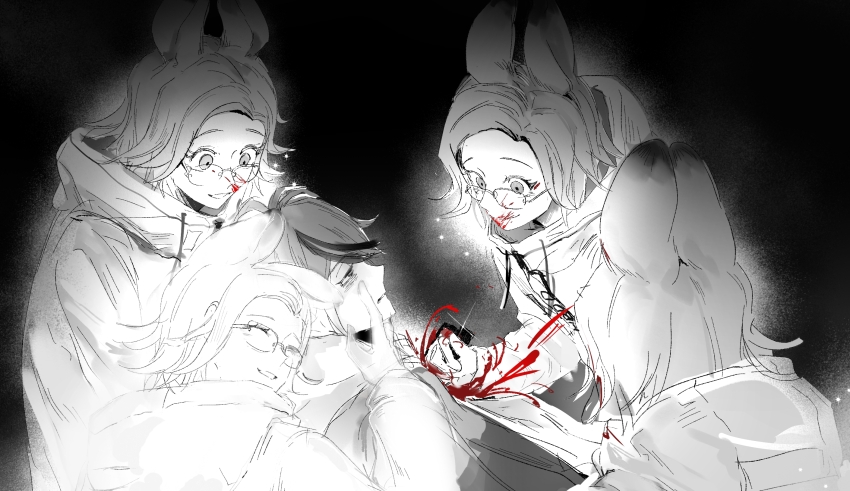 5boys animal_ears aotsuki_eito blood blood_in_hair blood_on_clothes blood_on_face blood_splatter blood_spray chinese_commentary clone drawstring glasses greyscale grin hand_on_another&#039;s_face highres hood hoodie injury jacket knife looking_at_another male_focus monochrome multicolored_hair multiple_boys mzmindream rabbit_boy rabbit_ears short_hair sketch smile spoilers stab streaked_hair sumino_takumi the_hundred_line_-last_defense_academy- wide-eyed