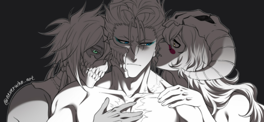 1boy 2girls arrancar artist_name black_background bleach blue_eyes broken_mask brown_eyes collarbone dark-skinned_female dark_skin espada facial_mark girl_sandwich green_eyes grimmjow_jaegerjaquez hair_between_eyes hair_ornament hand_on_another&#039;s_shoulder highres looking_at_another mask mouth_mask multiple_girls muscular muscular_male nelliel_tu_odelschwanck neverwho_art pimp sandwiched scar scar_on_chest scar_on_shoulder shaded_face skull_hair_ornament spot_color tier_harribel topless_female topless_male whispering