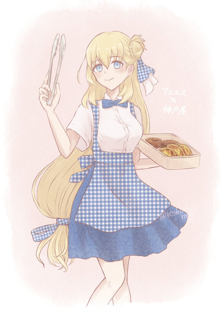 1girl agnes_claudel apron blonde_hair blue_eyes box bun_with_braided_base donut double-parted_bangs eiyuu_densetsu food hair_between_eyes hair_bun highres holding holding_box holding_tongs kuro_no_kiseki_(series) long_hair low-tied_long_hair pastry_box pink_background roshiroshiroppy simple_background single_side_bun smile solo tongs two-tone_background very_long_hair
